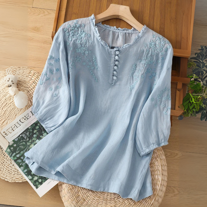 Maria™|Embroidered Cotton Linen Blouse