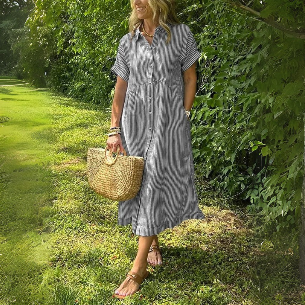 Delilah™|Flattering striped shirtdress