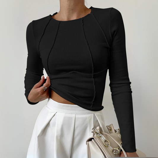 Mila™|Basic long sleeve top with piping