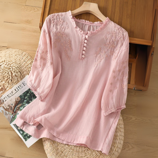 Maria™|Embroidered Cotton Linen Blouse