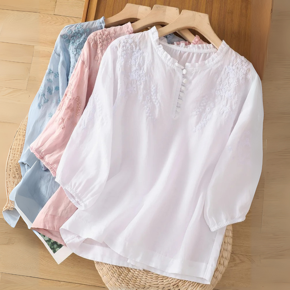Maria™|Embroidered Cotton Linen Blouse