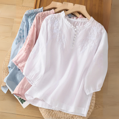 Maria™|Embroidered Cotton Linen Blouse