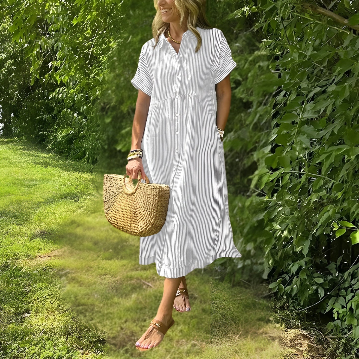 Delilah™|Flattering striped shirtdress